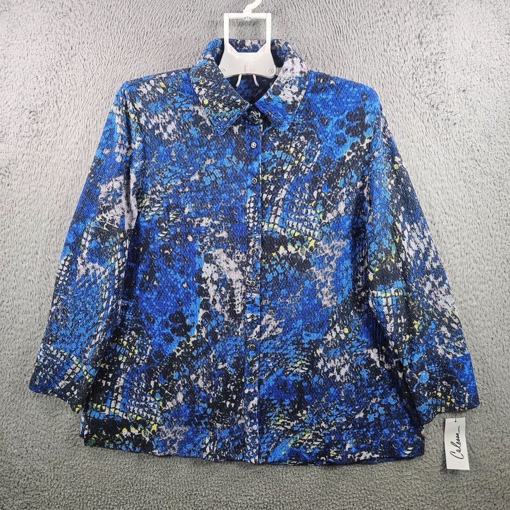 NEW Calessa Shirt Top Women Medium Button Up Stretch Graphic Blue Gray‎